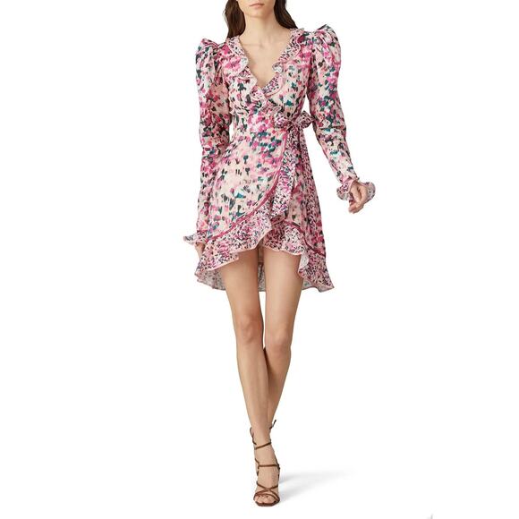 Rococo Sand Mimi Pink Printed Ruffle Long Sleeve Romantic Wrap Mini Dress M - Picture 1 of 10